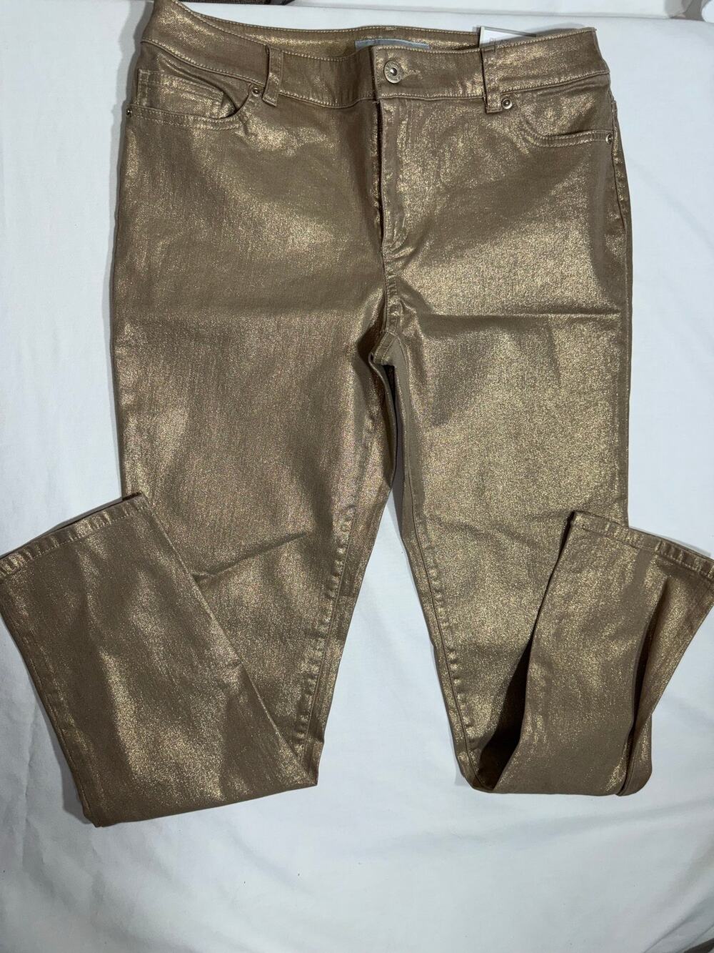 Chico’s Platinum Denim Jeans 1.5 Regular Metallic Gold Slim Leg NWT Shimmer